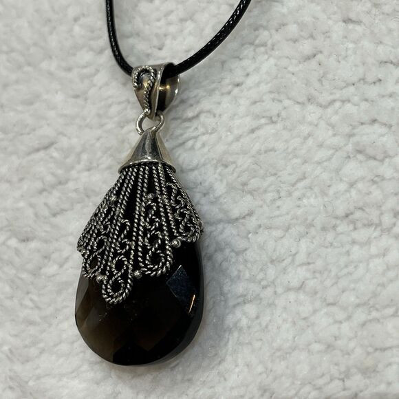VTG Stuari Ba Indonesia Briolette Smoky Quartz Drop Pendant Necklace Whimsygoth - Picture 2 of 7